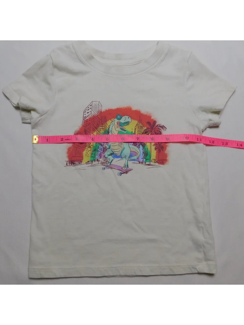 Cat & Jack Boys T Shirt 3T Cream Skateboard Dinosaur Rainbow City Graphic Tee